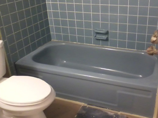 Blue Gray Tile and Bathtub Before Recoloring 11a | Affordable Refinishing LLC